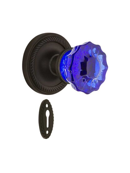 Rope Rosette Mortise Lock Set with Colored Fluted Crystal Glass Knobs Cobalt Blue in Oil-Rubbed Bronze.